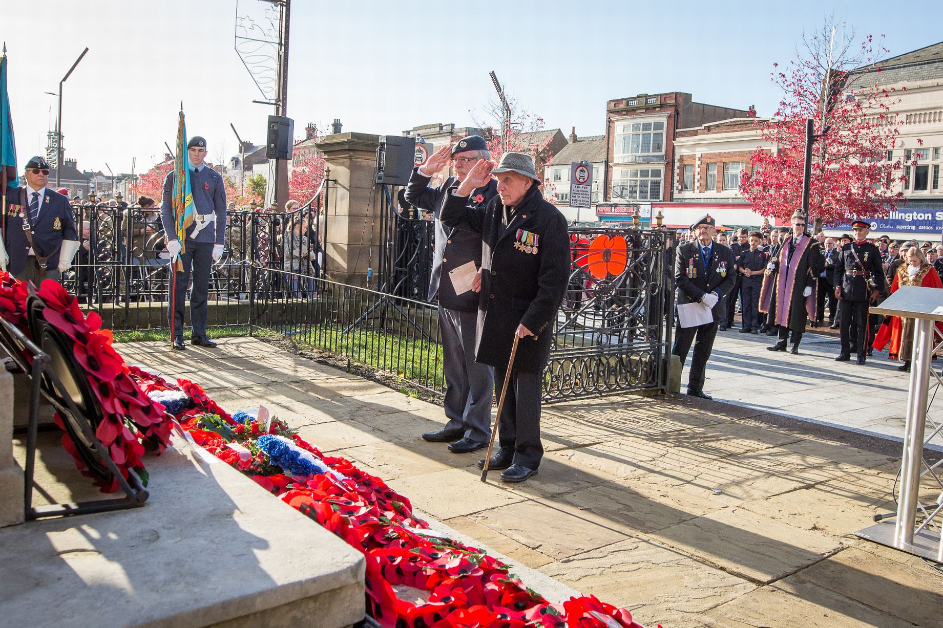 Image shows RAF Veteran and aviators saluting a memorial laid with poppy wreaths during a Remembrance Service.